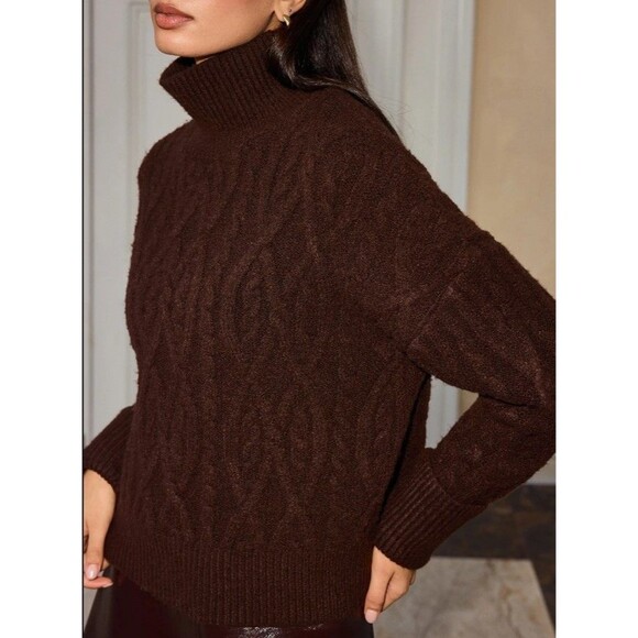 COMMENSE Women’s Brown Cable Knit Turtleneck Sweater Chunky Knit Pullover LARGE - Picture 9 of 13